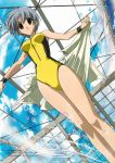  1girl 2001 brown_eyes competition_swimsuit gokajou_satsuki happy_lesson highres mizugi one-piece_swimsuit short_hair silver_hair sky solo swimsuit towel wristband yellow_swimsuit 