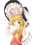  ascot blonde_hair blush flandre_scarlet hat holding r0g0b0 red_eyes side_ponytail simple_background solo tongue tongue_out touhou white_background wings wink witch_hat wrist_cuffs 