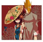  1girl adon alternate_costume black_hair breasts china_dress chinese_clothes cleavage couple flower hair_flower hair_ornament hair_over_one_eye han_juri height_difference orange_hair pointy_hair red_eyes shared_umbrella side_slit street_fighter street_fighter_iv super_street_fighter_iv tk_(hibatidori) twintails umbrella 
