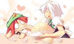  :3 apron blue_dress bowl braid chibi dress drinking_glass feeding hair_ribbon hat heart hong_meiling izayoi_sakuya maid maid_headdress multiple_girls o_o open_mouth puffy_sleeves red_hair redhead ribbon rice short_sleeves silver_hair smile star touhou twin_braids ushi waist_apron 