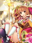  :d brown_eyes brown_hair chair chandelier copyright_request dress flower furyou_michi_~_gang_lord hair_flower hair_ornament hat kneehighs long_hair looking_at_viewer mizuhara_akoya open_mouth rose side_ponytail sitting smile solo sparkle watermark yeonwa 
