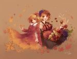  :d aki_minoriko aki_shizuha apple autumn_leaves blonde_hair brown_background dated dress ezroseven food fruit grapes hair_ornament hand_holding hat highres holding_hands leaf leaf_on_head multiple_girls open_mouth persimmon red_eyes short_hair siblings sisters skirt_basket smile sweet_potato touhou 