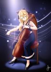  artist_request bare_shoulders blonde_hair bow cello closed_eyes dress eyes_closed formal hair_bow instrument katawa_shoujo light_particles long_hair playing_instrument satou_lilly signature sitting solo 