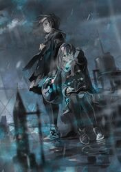  black_legwear book coat glasses hand_behind_head long_hair multiple_girls muted_color original pantyhose pleated_skirt pomodorosa puddle rain risa_hibiki rocket scarf shoes sitting skirt sneakers standing wind 