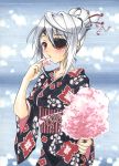  absurdres alternate_hairstyle asahina_kirin blush breasts collarbone cotton_candy eating eyepatch highres infinite_stratos japanese_clothes kimono laura_bodewig obi red_eyes silver_hair solo traditional_media 