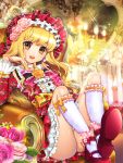  :d blonde_hair candle chair copyright_request dress flower furyou_michi_~_gang_lord hair_flower hair_ornament hat kneehighs long_hair looking_at_viewer mizuhara_akoya open_mouth rose sitting smile solo sparkle watermark yellow_eyes yeonwa 