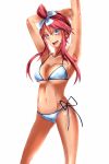  arms_up bikini blue_eyes bluedoggie fuuro_(pokemon) gym_leader highres long_hair pokemon pokemon_(game) pokemon_bw red_hair redhead solo swimsuit topknot 