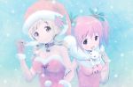  :d bare_shoulders bell bell_collar blonde_hair blush collar commentary day drill_hair fake_mustache green_eyes hair_ornament hat holding holding_arm kaname_madoka kyubey looking_at_viewer mahou_shoujo_madoka_magica multiple_girls open_mouth pink_hair santa_hat smile snowing tomoe_mami twin_drills twintails yoshinogai 