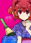  alternate_costume bottle cup hair_bobbles hair_ornament inuinui japanese_clothes kimono looking_at_viewer onozuka_komachi red_eyes red_hair redhead short_hair solo touhou twintails 