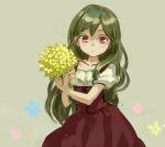  ama-tou blush dress flower green_hair holding holding_flower long_hair looking_at_viewer original red_eyes rough solo 