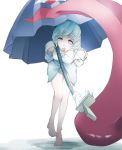  :p alternate_costume ark_ardjet_zoe bare_legs barefoot blouse blue_eyes blue_hair breasts dress_shirt heterochromia highres karakasa_obake leaning_forward looking_at_viewer naked_shirt no_pants panties red_eyes shadow shirt short_hair simple_background smile solo tatara_kogasa tongue tongue_out touhou umbrella underwear white_background 