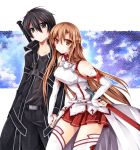  1girl akina_rei asuna_(sao) black_eyes black_hair breastplate brown_eyes brown_hair couple detached_sleeves hand_holding highres holding_hands kirito long_hair short_hair sword sword_art_online thigh-highs thighhighs weapon 