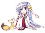  bell blue_eyes blue_hair blush copyright_request fox hachimaki headband japanese_clothes jingle_bell long_hair lowres miko ofuda sandals smile solo t-ray 