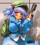  backpack bag blue_eyes blue_hair breasts finger_on_trigger gun hair_bobbles hair_ornament huge_breasts kawashiro_nitori key sachito solo touhou twintails weapon wide_hips 