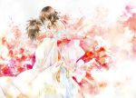  1girl brown_hair cape carrying closed_eyes couple dress eyes_closed flower happy houshin_engi hug ki_hatsu myk short_hair smile yuukyou 