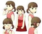  ^_^ blowing brown_eyes brown_hair character_sheet clenched_hands closed_eyes doujima_nanako eyes_closed hair_ribbon koitsu_(blue) long_hair persona persona_4 ribbon simple_background skirt smile solo twintails white_background 