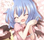  :d ^_^ bat_wings blue_hair closed_eyes eyes_closed fang flapping hands_together happy holding_spoon kisa_(k_isa) no_hat no_headwear open_mouth pudding remilia_scarlet short_hair smile solo speech_bubble touhou translated translation_request uu~ wings 