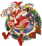  aqua_hair bell boots dress gloves green_eyes green_legwear hair_bell hair_ornament hair_ribbon hat hatsune_miku holly long_hair open_mouth pantyhose ribbon santa_costume santa_hat solo twintails uso_(ameuzaki) vocaloid wreath 