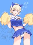 :d blonde_hair blue_eyes blush cheerleader clothes_writing hairband highres holding kento1102 navel open_mouth panties pom_poms revision rosalie_de_hemricourt_de_grunne rough short_hair skirt smile solo strike_witches translated translation_request underwear white_panties 