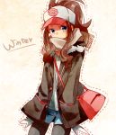  alternate_costume bag baseball_cap black_legwear blue_eyes brown_hair denim denim_shorts dotted_outline fur_trim hands_in_pockets hat jacket looking_at_viewer naru_(andante) pantyhose pokemon pokemon_(game) pokemon_bw ponytail scarf scarf_over_mouth shorts shoulder_bag solo touko_(pokemon) winter_clothes 