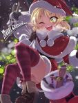  ;d ario bell blonde_hair blurry blush boots capelet depth_of_field gloves green_eyes hat heart mask merry_christmas mizuhashi_parsee open_mouth pointy_ears sack santa_hat sitting skirt smile snowing solo striped striped_legwear thigh-highs thighhighs touhou voodoo_doll wink 