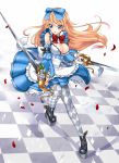  1girl adapted_costume alice_(wonderland) alice_in_wonderland blue_eyes bow breasts brown_hair checkered checkered_floor checkered_legwear cleavage detached_sleeves dual_wielding hair_bow miyuki_rei pantyhose princess_royale solo sword weapon 