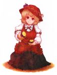  aki_minoriko blonde_hair blush colored_pencil_(medium) dress food fruit grapes hat holding looking_at_viewer outstretched_arm red_eyes short_hair sitting smile solo sweet_potato terajin touhou traditional_media 