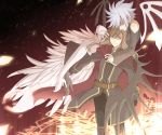  1girl aduna asymmetrical_clothes asymmetrical_wings bare_shoulders belt boots brown_hair buckle cape demon_wings gelda_nebilim glasses highres hug jade_curtiss magic_circle nail_polish red_eyes tales_of_(series) tales_of_the_abyss white_hair white_wings wing_hug wings 