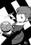  bowl chopsticks daniel_macgregor egg female_protagonist_(persona_3) food from_above hair_ornament headphones looking_at_viewer monochrome persona persona_3 persona_3_portable ponytail school_uniform signature sitting smile solo sunny_side_up_egg 