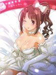  ;p bare_shoulders bed_sheet bow breasts brown_eyes brown_hair cleavage dress hair_bow idolmaster idolmaster_cinderella_girls large_breasts long_hair looking_at_viewer ponytail poponpin shimamura_uzuki solo tongue wedding_dress wink 