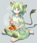  animal_ears barefoot blue_eyes cow_ears cow_girl cow_tail curry dress earrings food green_eyes green_hair holstaurus horns jewelry meat monster_girl original rice short_hair shorts_under_skirt sitting smile solo spoon tail wariza 