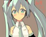  blush character_name detached_sleeves green_eyes green_hair hatsune_miku headphones long_hair nahu necktie simple_background solo twintails vocaloid 