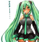  bare_shoulders blush breasts detached_sleeves gradient_hair green_eyes green_hair hatsune_miku long_hair looking_at_viewer multicolored_hair necktie nose_blush oekaki pleated_skirt sachito simple_background skirt solo very_long_hair vocaloid white_background 