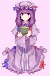  arudehido blush book book_hug capelet crescent dress hat holding holding_book long_hair looking_at_viewer patchouli_knowledge purple_eyes purple_hair solo striped striped_dress touhou vertical_stripes violet_eyes 