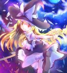  blonde_hair bow broom grin hat highres kirisame_marisa leaf long_hair looking_back mary_janes mist1129 orange_eyes outstretched_arms shoes smile touhou waist_apron witch_hat 