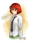  amputee artist_name blush breasts clow_kusanagi green_eyes katawa_shoujo large_breasts necktie red_hair redhead school_uniform short_hair solo tezuka_rin 