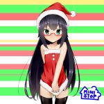  aqua_eyes bare_shoulders black_hair black_legwear blush collarbone covering covering_crotch glasses hat long_hair looking_at_viewer ministop ninnzinn santa_hat solo striped striped_background thigh-highs thighhighs 