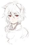  1girl animal_ears bust inubashiri_momiji looking_at_viewer matsuda_(matsukichi) monochrome red_eyes solo spot_color touhou wolf_ears 