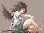  bare_legs barefoot black_hair black_wings brown_eyes dirty_face dirty_feet feathers looking_at_viewer madara_hato reiuji_utsuho shirt short_hair sitting skirt solo touhou wings young 