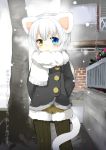  1girl :o animal_ears black_legwear blue_eyes blush cat_ears cat_tail heterochromia kamiyoshi legwear_under_shorts original pantyhose scarf short_hair shorts snowing solo tail thoto translated translation_request trap tree vertical-striped_legwear vertical_stripes white_hair yellow_eyes 