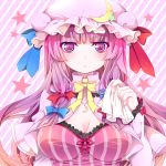  artist_name bow breasts bust capelet cleavage crescent hair_bow handkerchief hat highres jewelry large_breasts long_hair looking_at_viewer necklace patchouli_knowledge payot purple_eyes shino_(mijinko) solo star striped striped_background touhou violet_eyes 