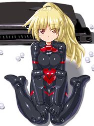  1girl arnval blonde_hair bodysuit breasts busou_shinki dd_(ijigendd) doll_joints long_hair minigirl ponytail red_eyes sitting solo wariza 