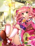  :d chair chandelier copyright_request dress flower furyou_michi_~_gang_lord hair_flower hair_ornament hat kneehighs long_hair looking_at_viewer mizuhara_akoya open_mouth pink_hair rose sitting smile solo sparkle twintails watermark yellow_eyes yeonwa 