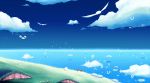  birds blue cliff cloud clouds flower flying goonie green highres hiroki_eiki mario mushroom ocean scenery sign super_mario_bros. super_mario_world_2:_yoshi&#039;s_island super_mario_world_2:_yoshi's_island 
