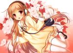  47agdragon :d blush brown_hair cable digital_media_player dress fang flowers headphones holding ipod leaf long_hair looking_at_viewer mary_janes open_mouth orange_hair original red_eyes sailor_dress shoes smile solo thigh-highs thighhighs white_legwear 