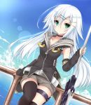  1girl belt black_legwear chabaneko detached_sleeves dutch_angle green_eyes holster hoodie ocean original polearm railing shifiru_(chabaneko) shirokami_gakuen short_shorts shorts sitting sky spear thigh-highs thighhighs weapon white_hair 