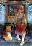  1girl blue_eyes brown_hair eating fox hakama japanese_clothes kimono long_hair miko popsicle sandals shrine sitting solo twintails 
