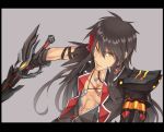  armor black_hair daizu_yan elsword gloves grey_background jewelry long_hair male multicolored_hair muscle necklace raven_(elsword) red_hair redhead serious solo sword two-tone_hair weapon yellow_eyes 