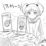  detached_hair hair_bobbles hair_ornament jar monochrome parody pun rock romaji scarf sitting solo twintails watarai_keiji yoshikawa_chinatsu yuru_yuri 