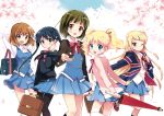  :d ;) alice_carteret bag black_legwear blonde_hair blue_hair bow bowtie brown_hair cherry_blossoms fang flower flowers green_hair hara_yui highres inokuma_youko kin&#039;iro_mosaic kin'iro_mosaic komichi_aya kujou_karen light_smile looking_at_viewer multiple_girls official_art oomiya_shinobu open_mouth oriental_umbrella outstretched_hand pantyhose petals pleated_skirt school_bag school_briefcase school_uniform seifuku skirt smile spring_(season) thigh-highs thighhighs twintails umbrella union_jack white_legwear wink 